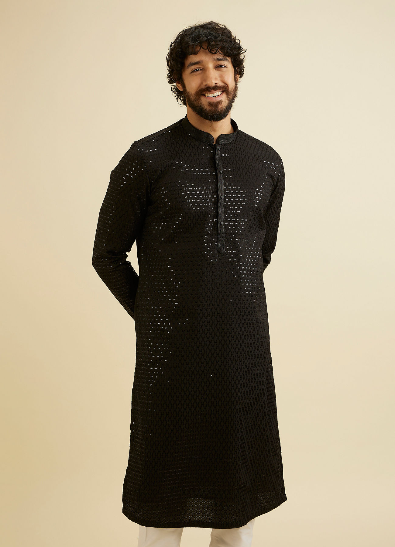 Manyavar Men Midnight Black Embroidered Kurta Set with Sequin Work