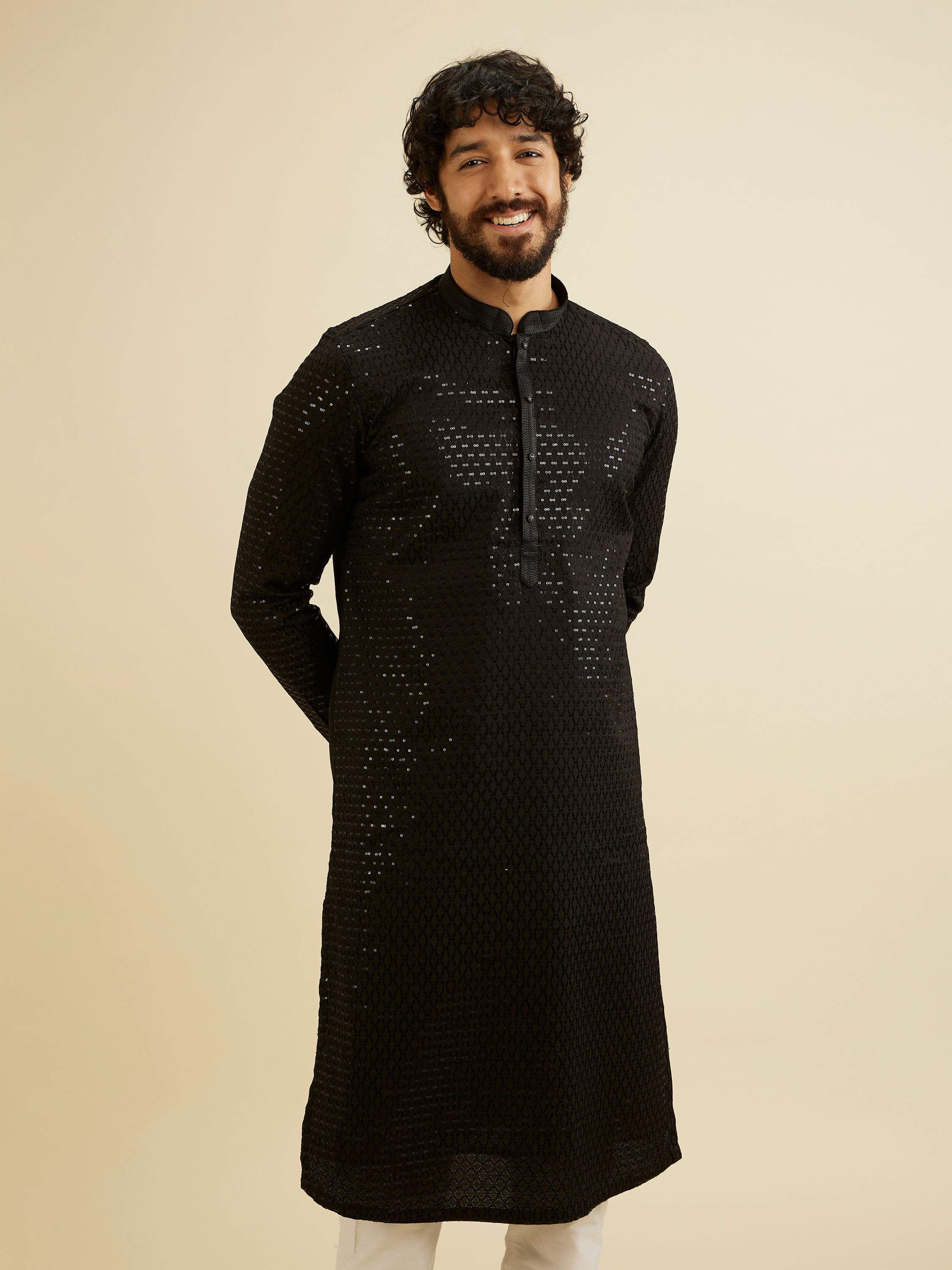 Manyavar Men Midnight Black Embroidered Kurta Set with Sequin Work