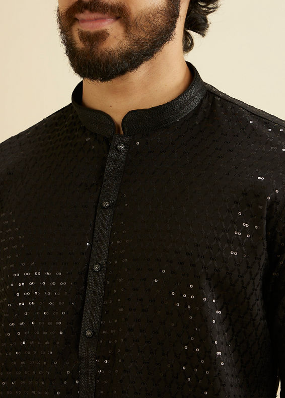 Manyavar Men Midnight Black Embroidered Kurta Set with Sequin Work