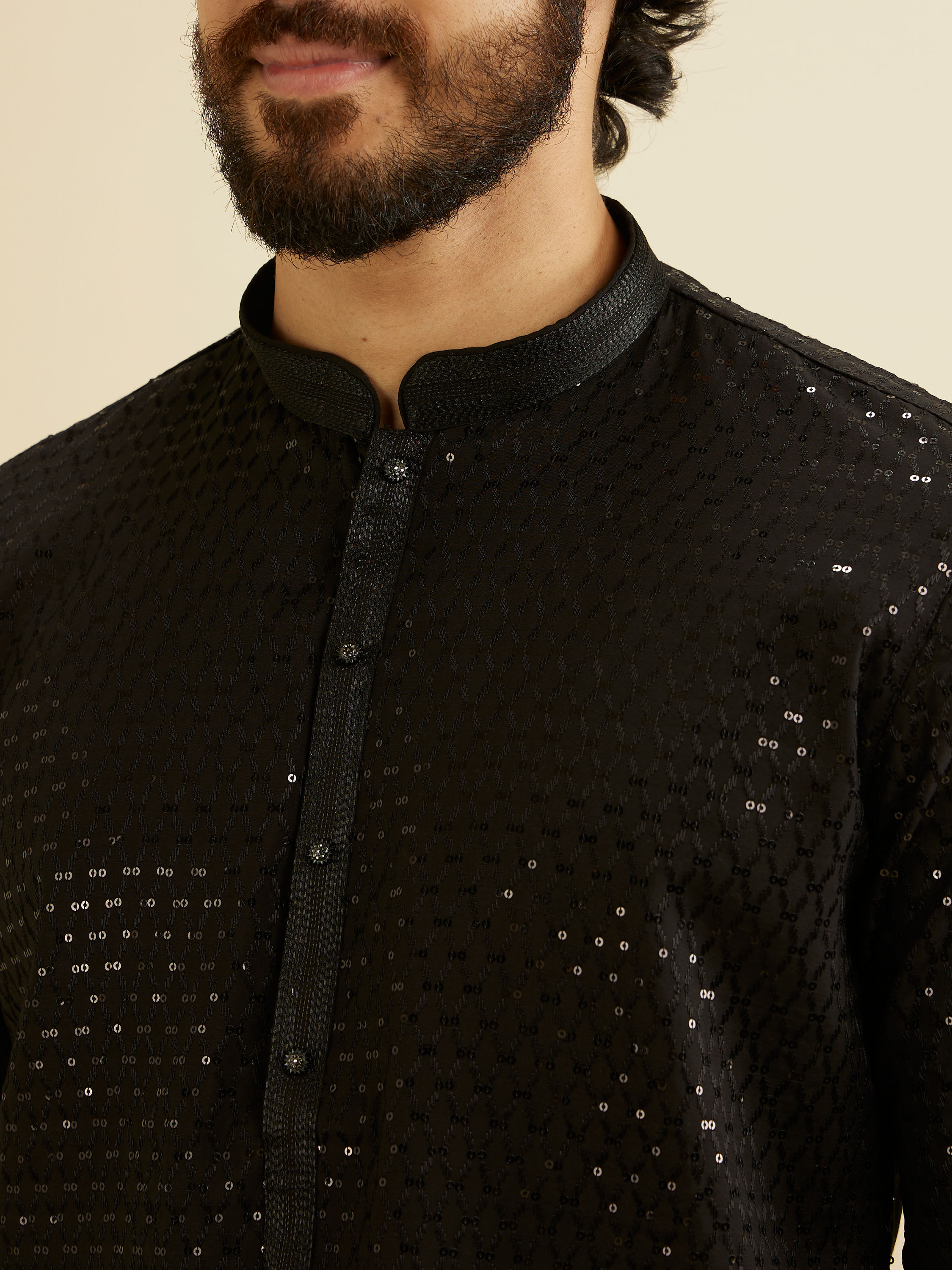 Manyavar Men Midnight Black Embroidered Kurta Set with Sequin Work