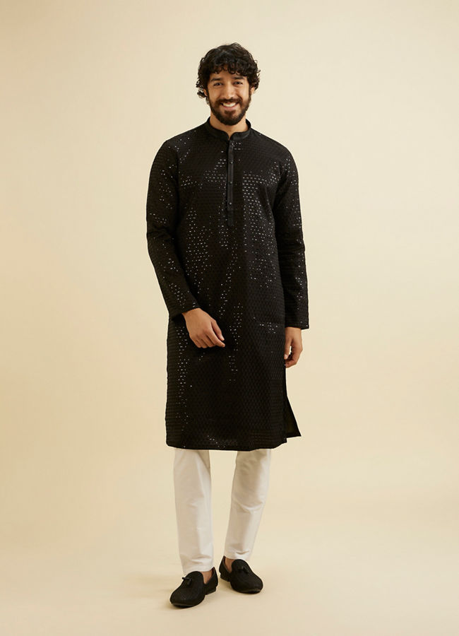 Manyavar Men Midnight Black Embroidered Kurta Set with Sequin Work