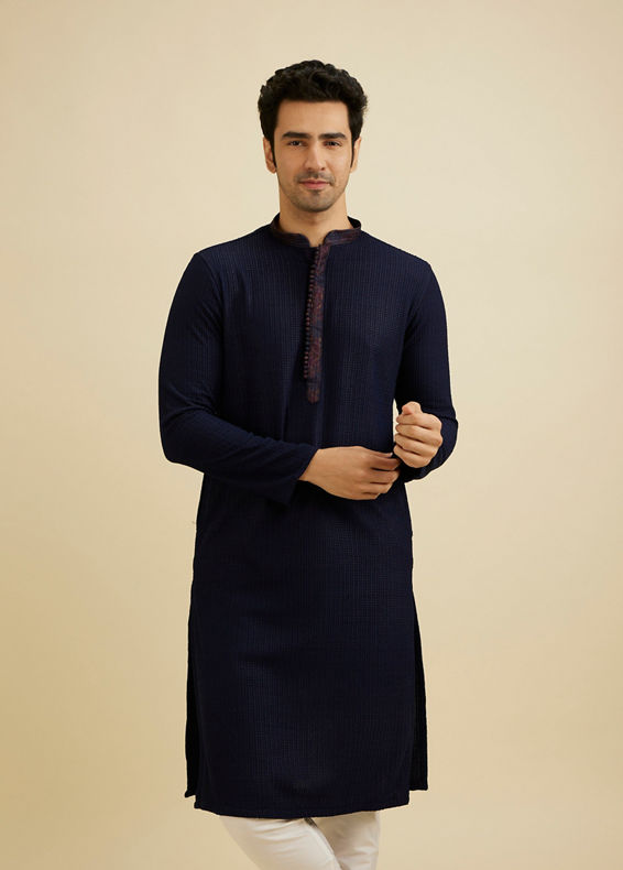 Manyavar Men Indigo Blue Self Textured Kurta Set