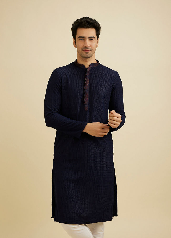 Manyavar Men Indigo Blue Self Textured Kurta Set image number 0