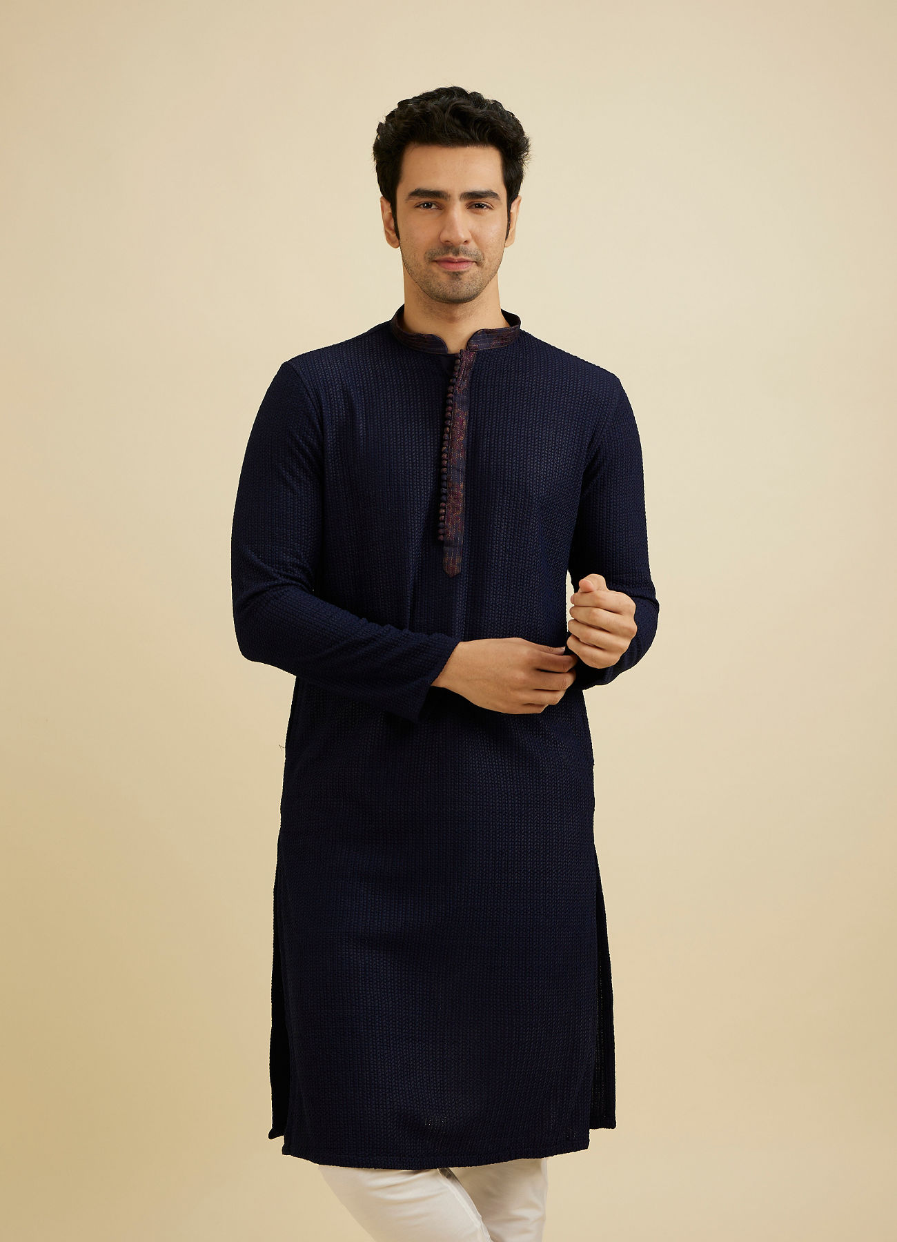 Manyavar Men Indigo Blue Self Textured Kurta Set