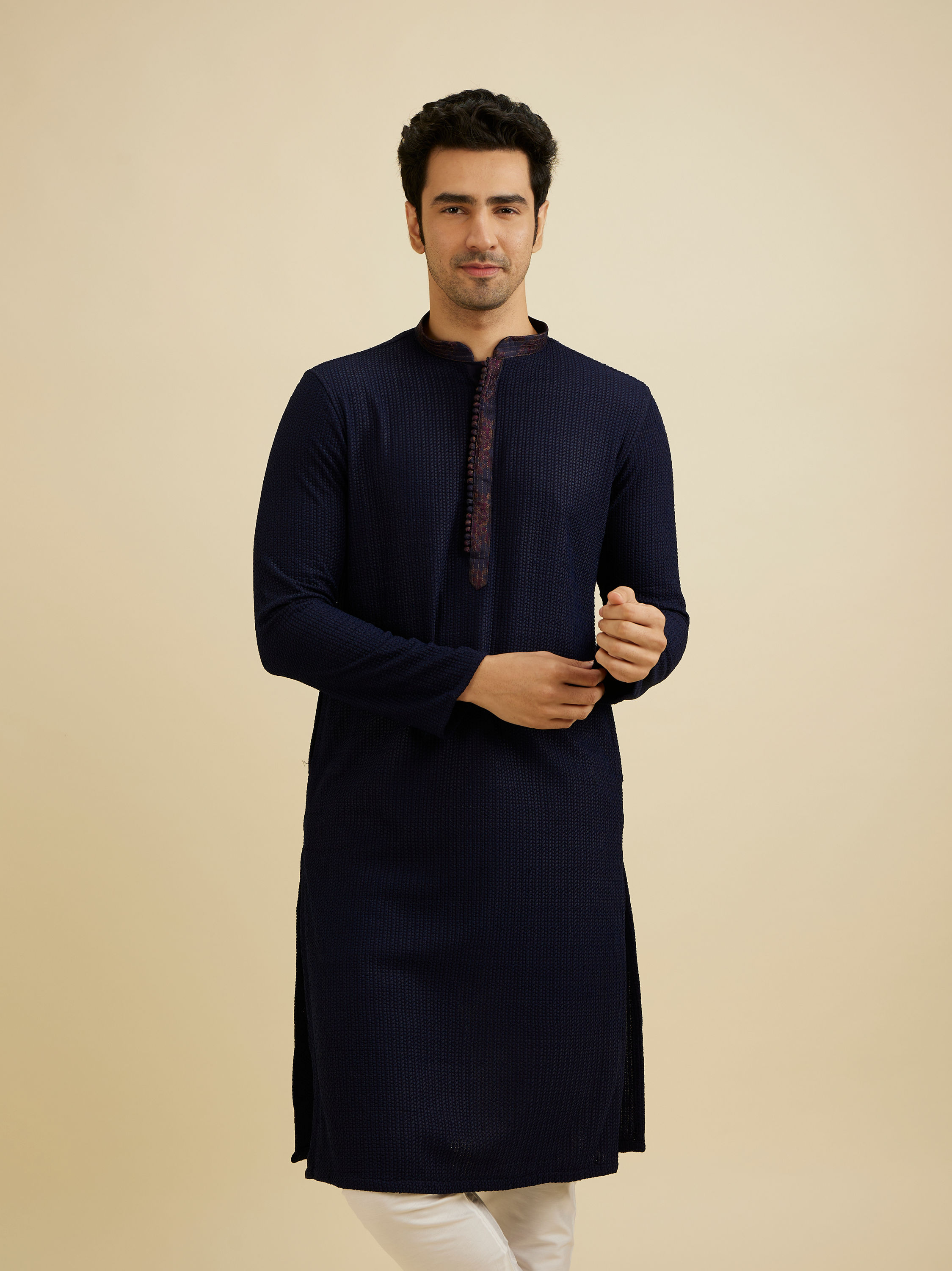 Manyavar Men Indigo Blue Self Textured Kurta Set