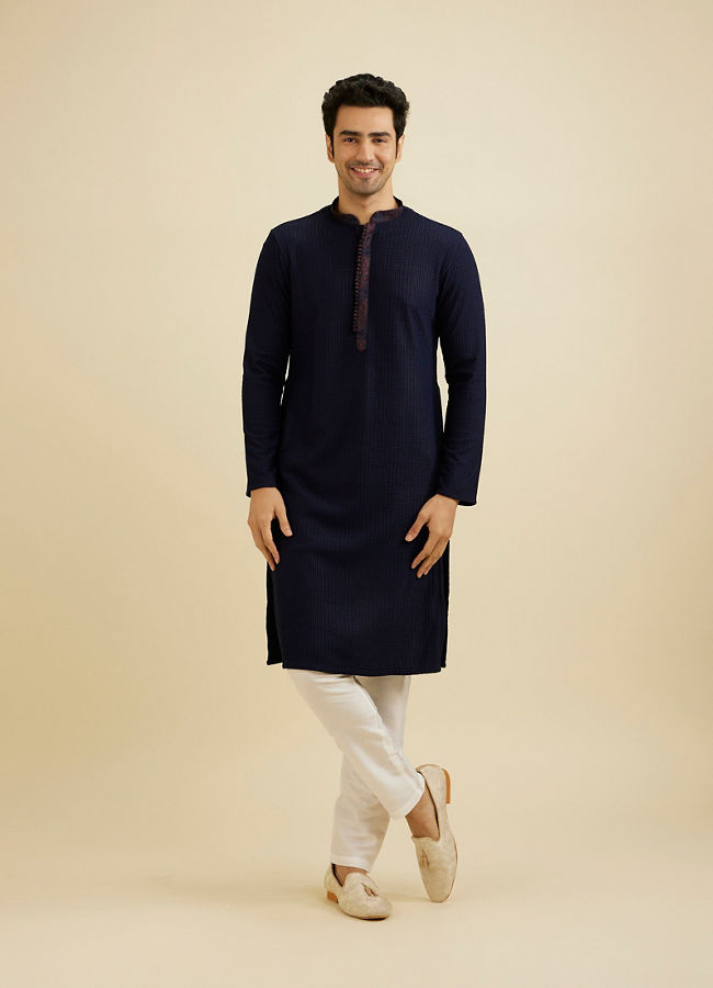 Manyavar Men Indigo Blue Self Textured Kurta Set image number 2