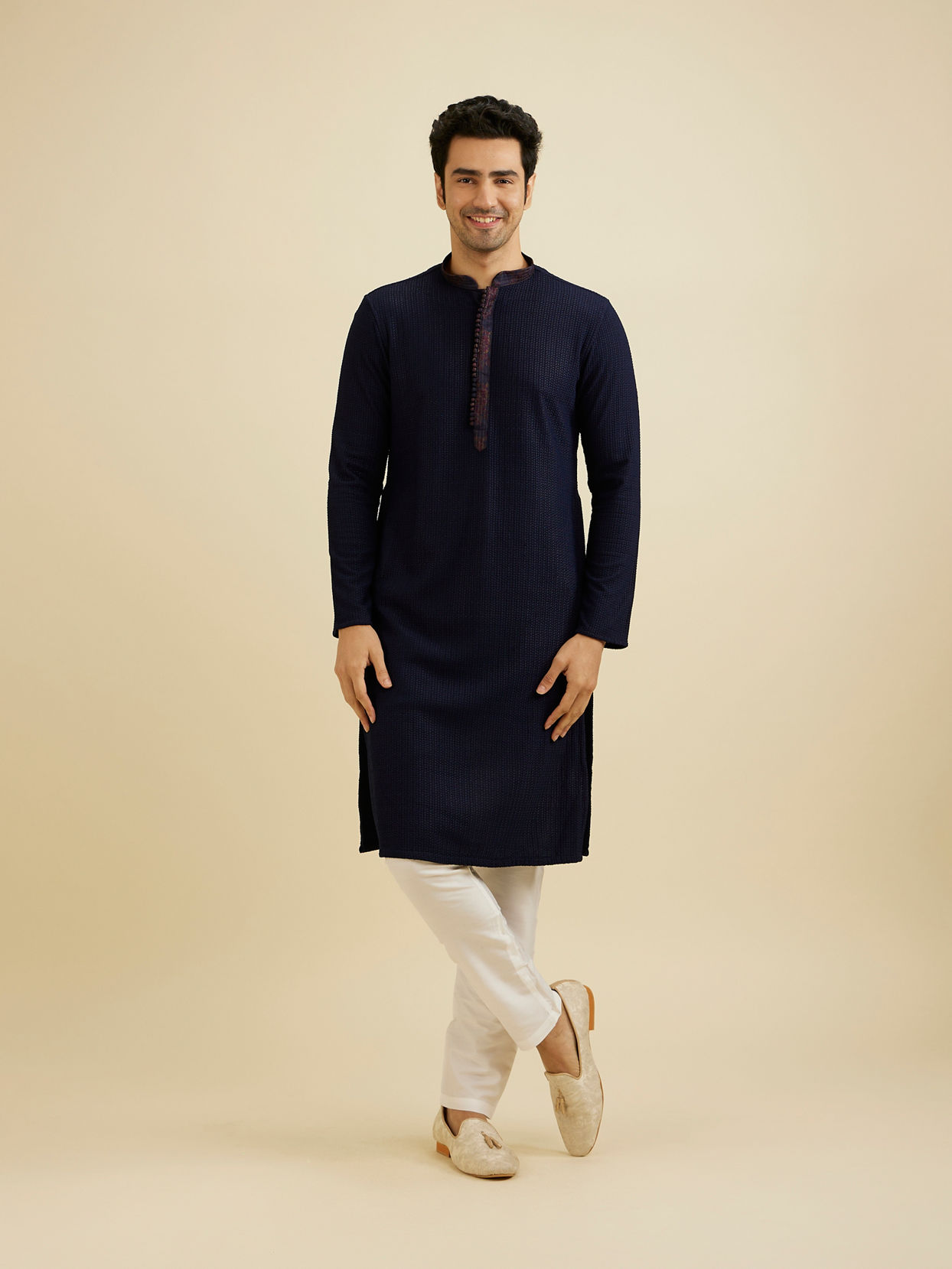 Manyavar Men Indigo Blue Self Textured Kurta Set