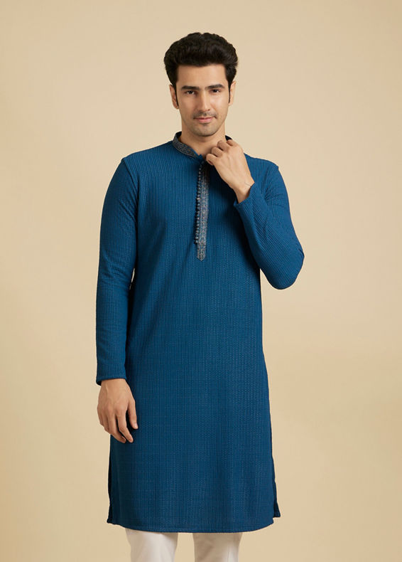 Manyavar Men Teal Blue Self Textured Kurta Set