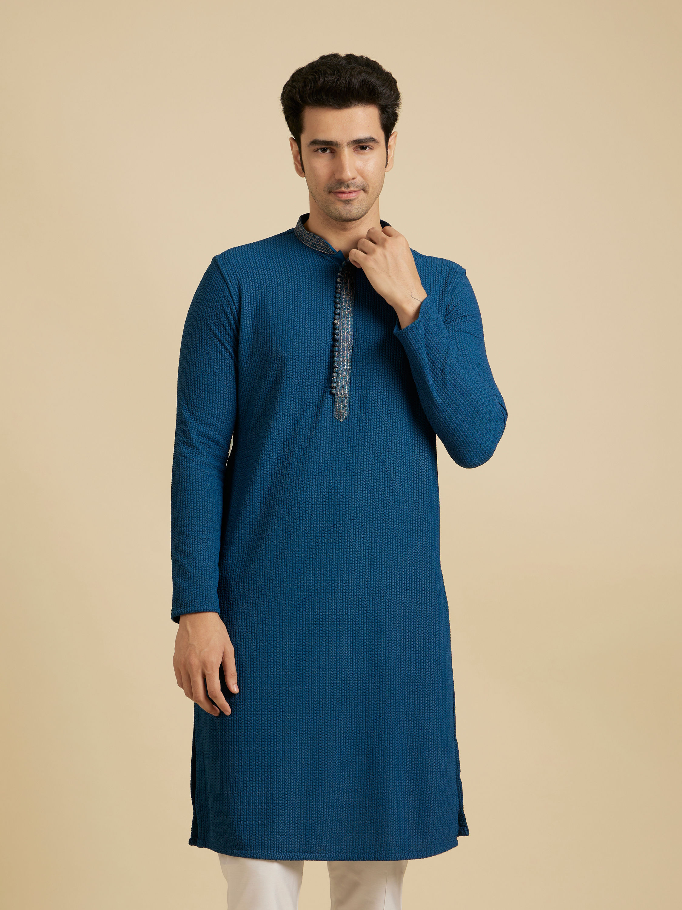 Manyavar Men Teal Blue Self Textured Kurta Set