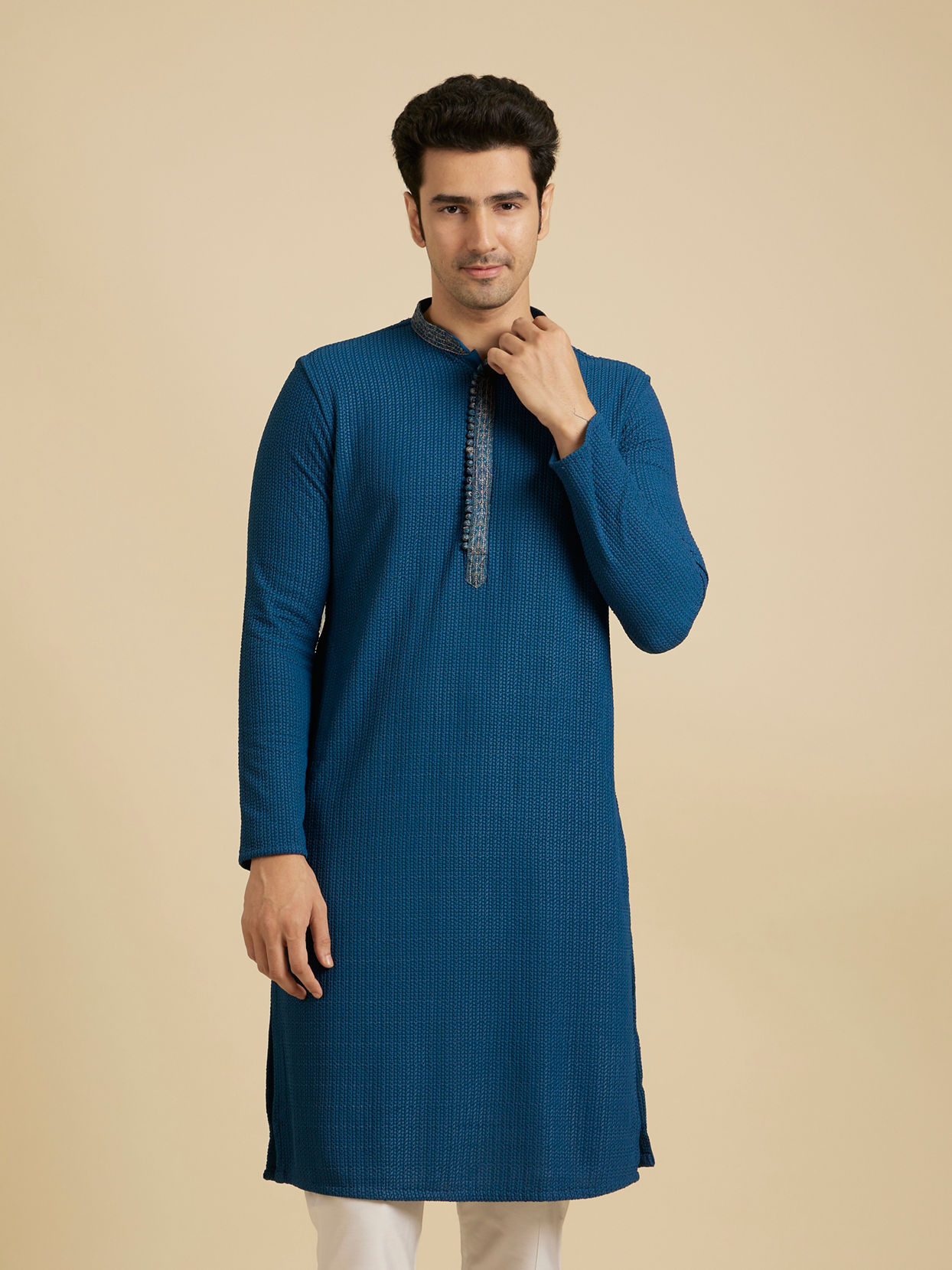 Manyavar Men Elegant Teal Blue Kurta Pajama Set image number 0