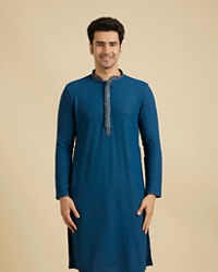 Manyavar Men Teal Blue Self Textured Kurta Set