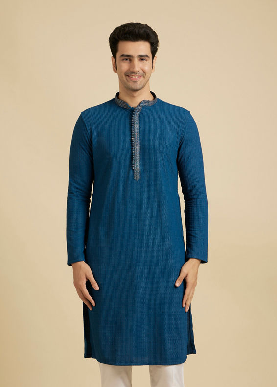 Manyavar Men Teal Blue Self Textured Kurta Set