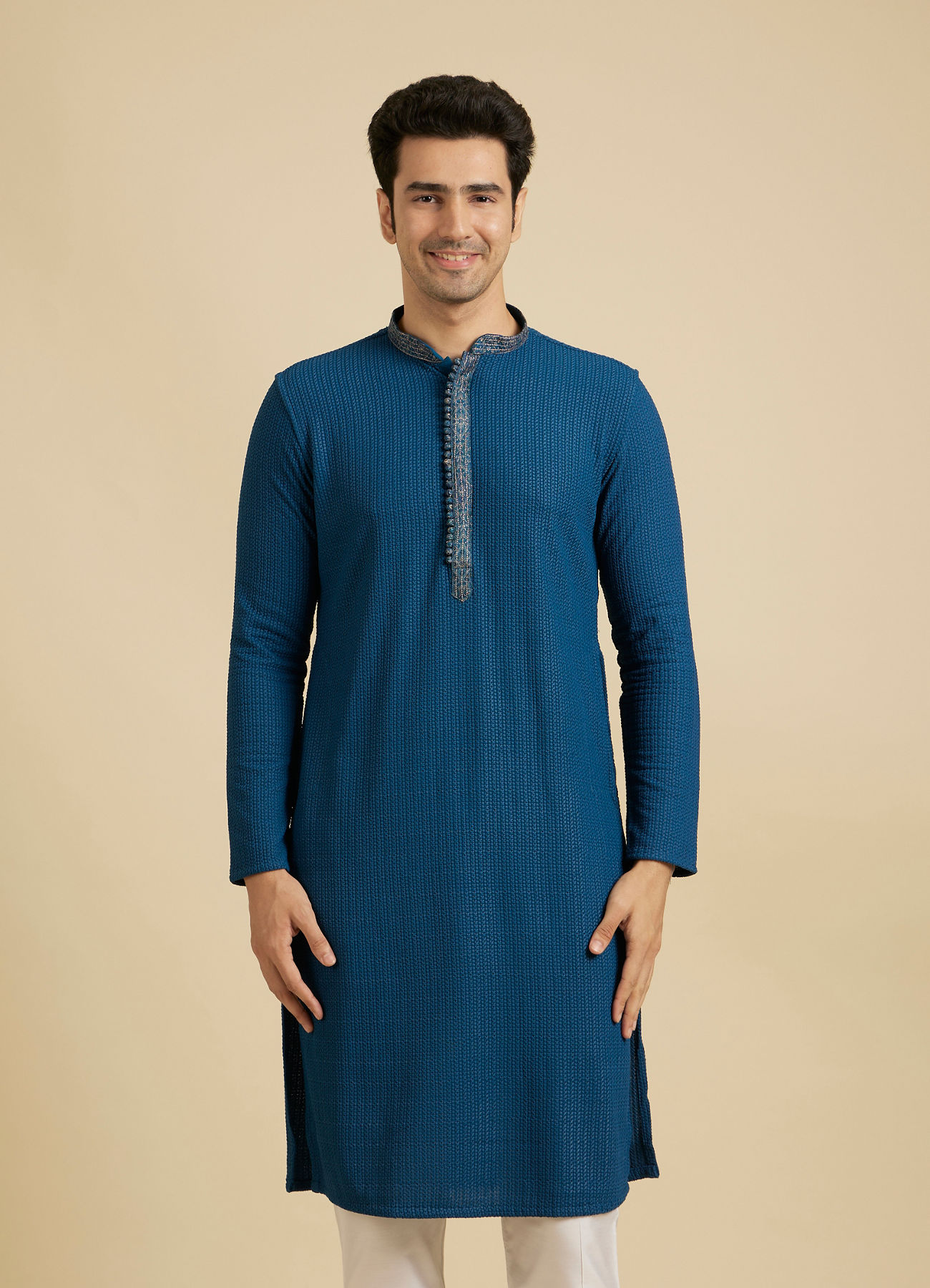 Manyavar Men Teal Blue Self Textured Kurta Set