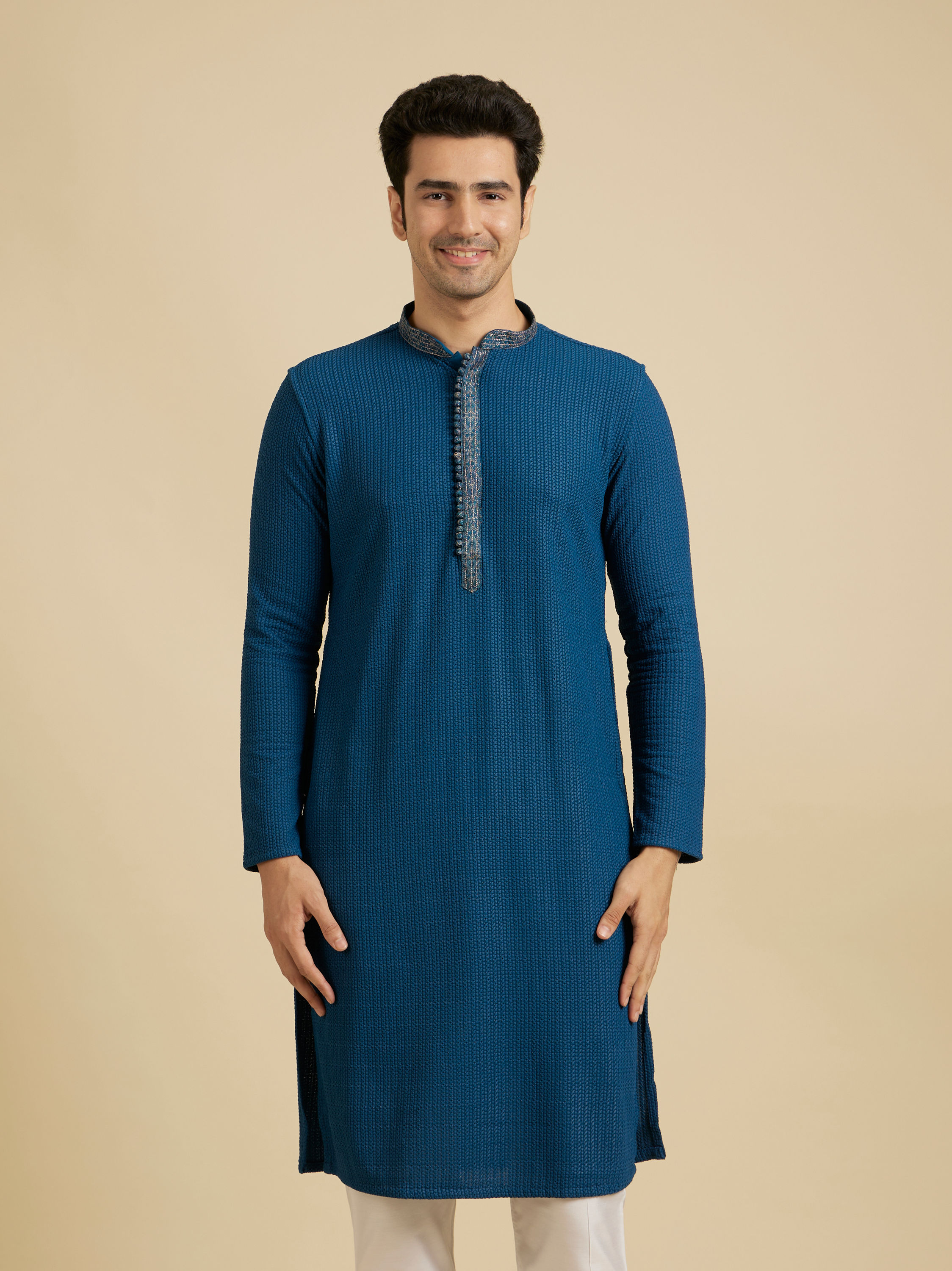 Manyavar Men Teal Blue Self Textured Kurta Set