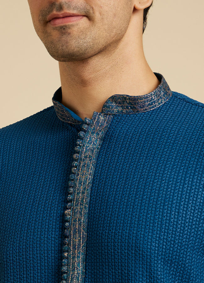 Manyavar Men Teal Blue Self Textured Kurta Set