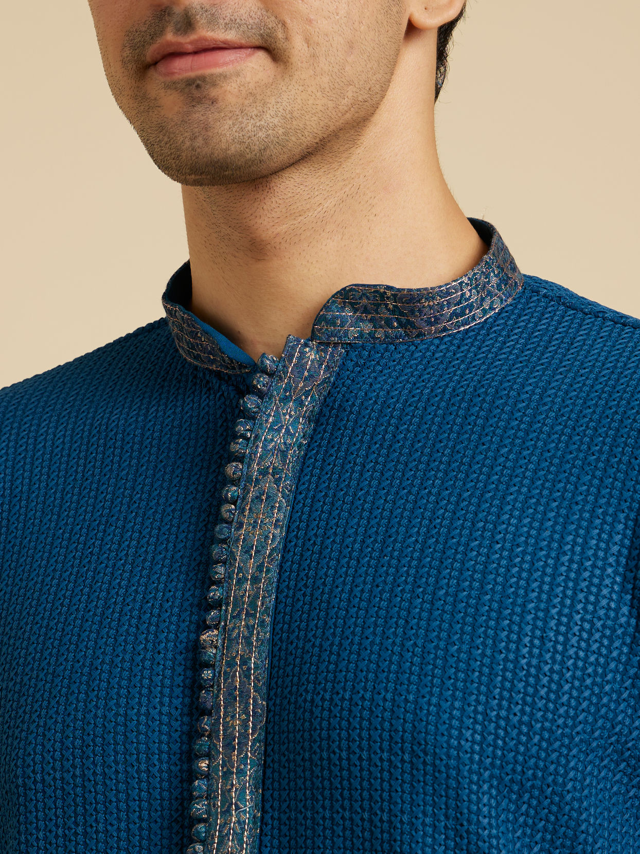 Manyavar Men Teal Blue Self Textured Kurta Set