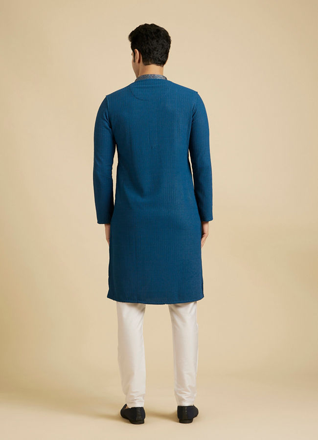 Manyavar Men Teal Blue Self Textured Kurta Set