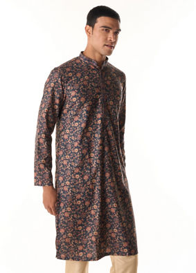 Manyavar Men Indigo Blue Bel Buti Printed Kurta Set