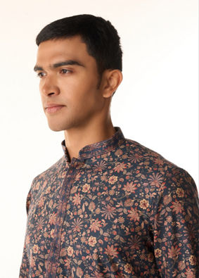 Manyavar Men Indigo Blue Bel Buti Printed Kurta Set