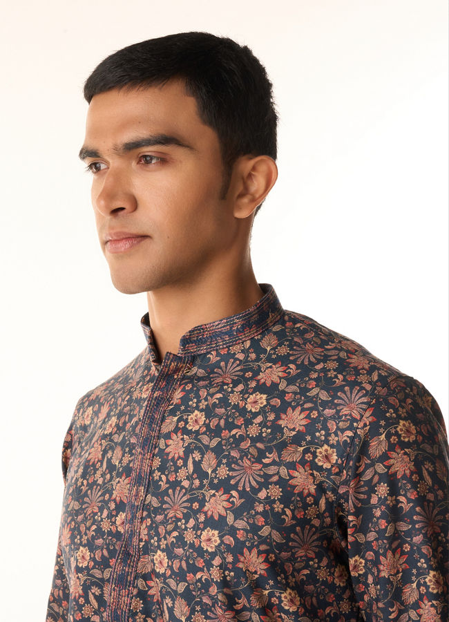 Manyavar Men Indigo Blue Bel Buti Printed Kurta Set