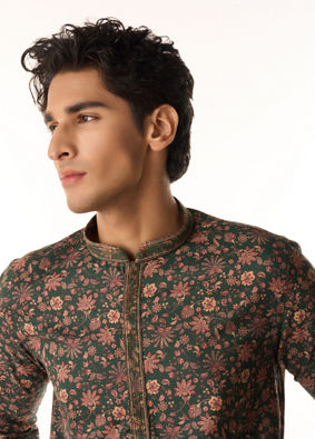 Manyavar Men Elegant Dark Green Kurta Pajama Set