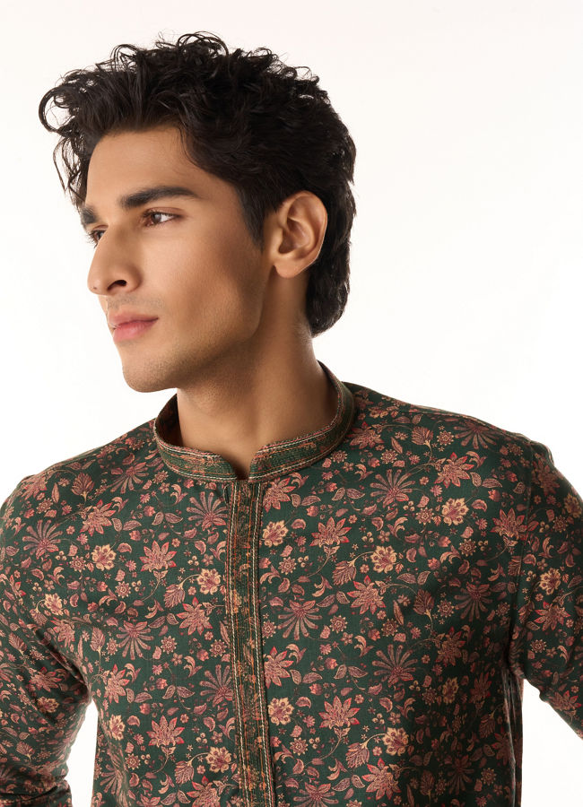 Manyavar Men Elegant Dark Green Kurta Pajama Set