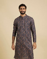 Manyavar Men Indigo Blue Bel Buti Printed Kurta Set