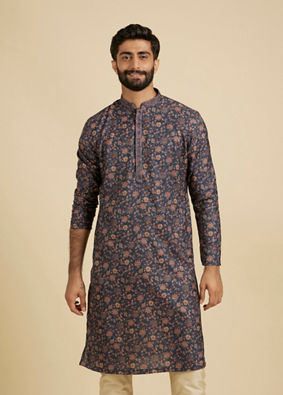 Manyavar Men Indigo Blue Bel Buti Printed Kurta Set image number 0