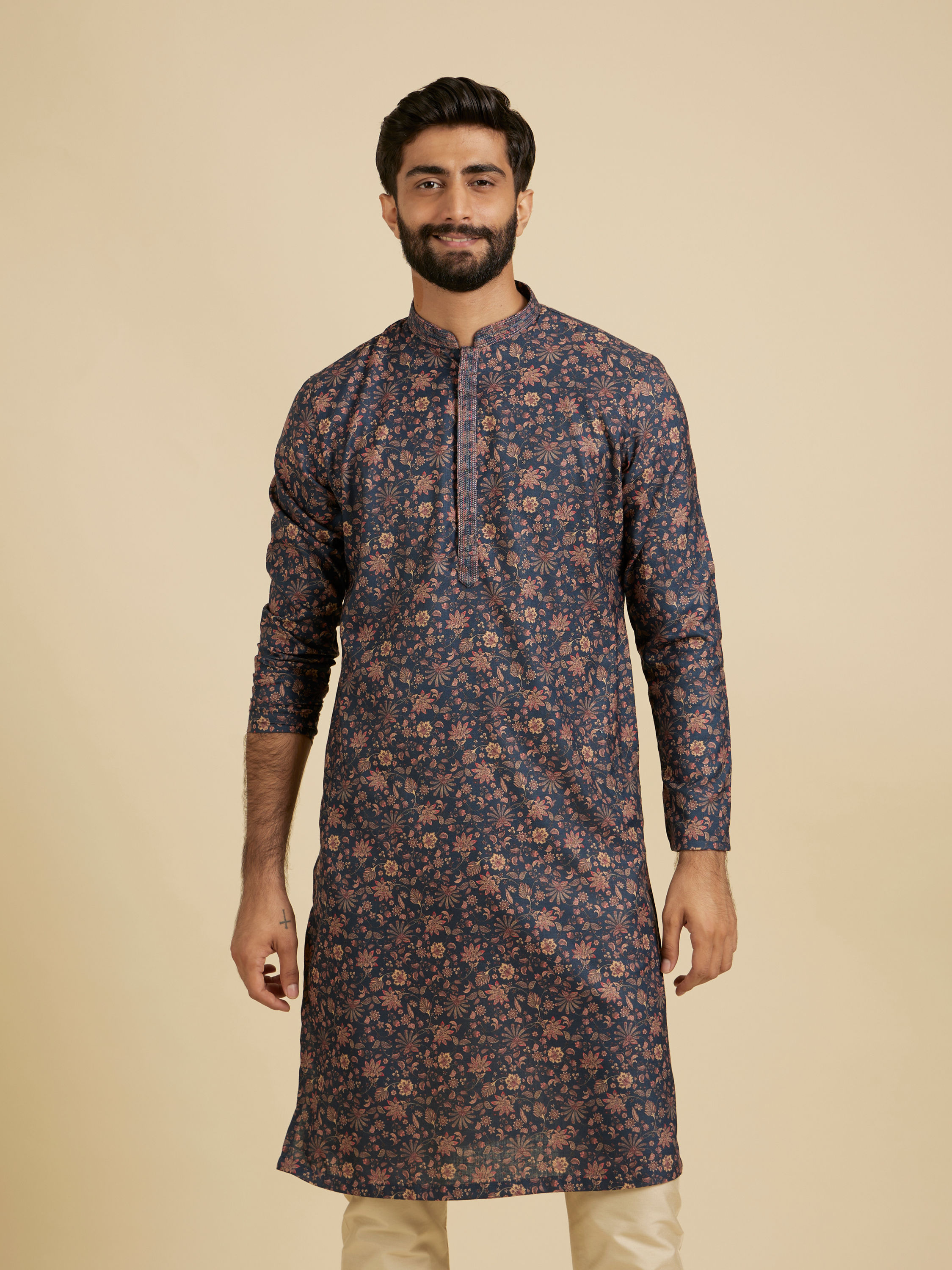 Manyavar Men Indigo Blue Bel Buti Printed Kurta Set