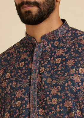 Manyavar Men Indigo Blue Bel Buti Printed Kurta Set