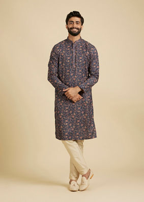 Manyavar Men Indigo Blue Bel Buti Printed Kurta Set image number 2