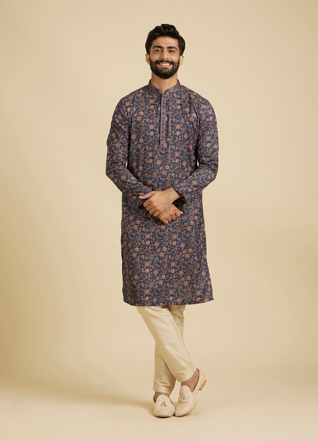 Manyavar Men Indigo Blue Bel Buti Printed Kurta Set