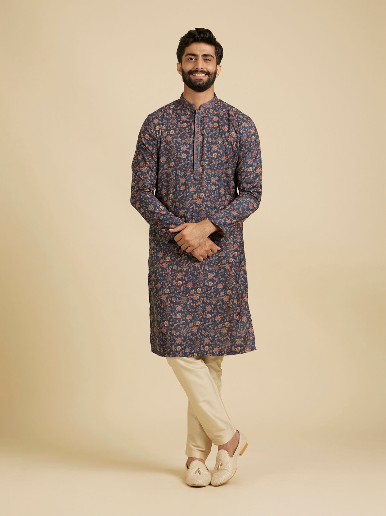 Manyavar Men Indigo Blue Bel Buti Printed Kurta Set