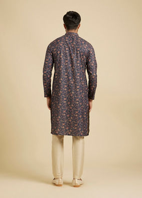 Manyavar Men Indigo Blue Bel Buti Printed Kurta Set image number 5