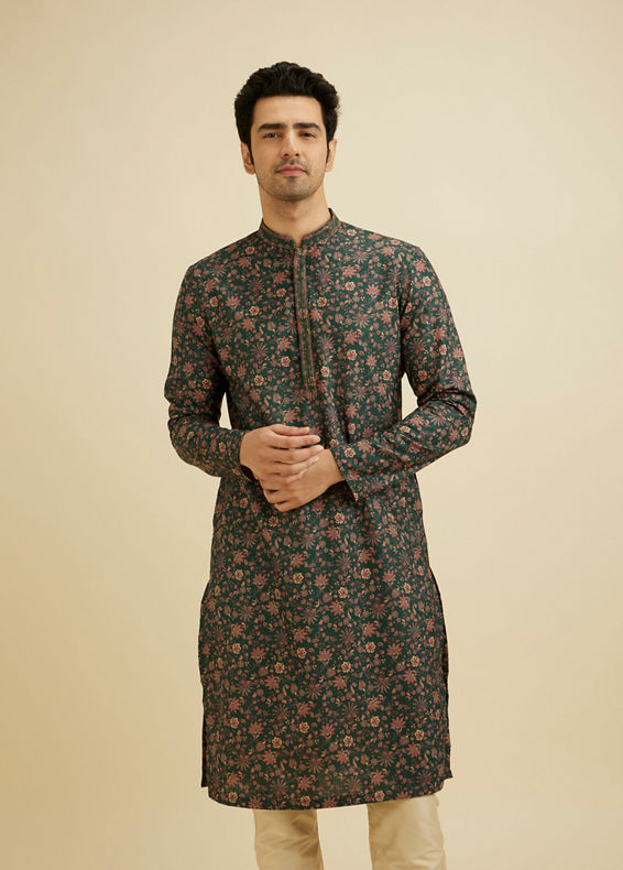 Manyavar Men Elegant Dark Green Kurta Pajama Set