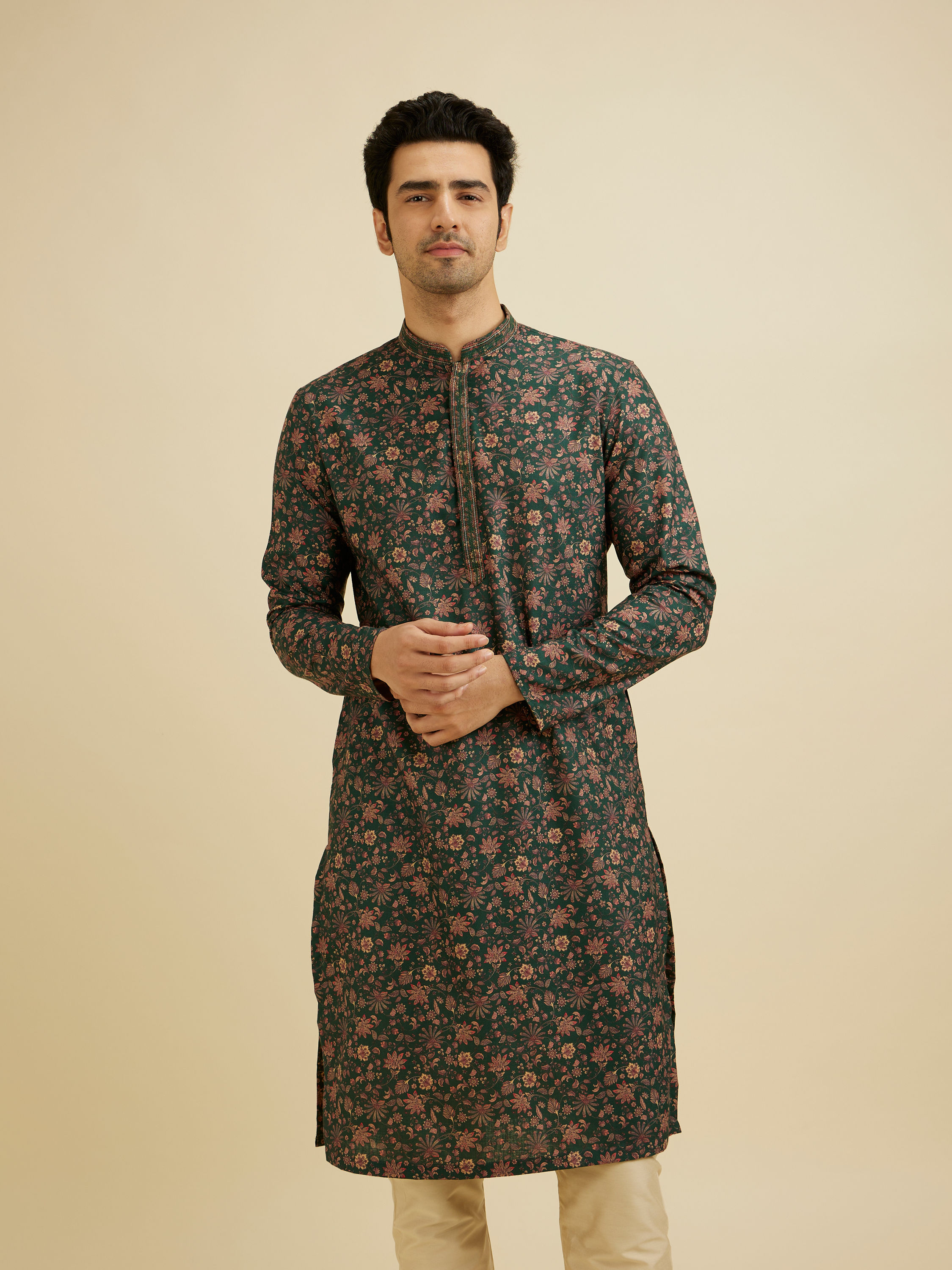 Manyavar Men Elegant Dark Green Kurta Pajama Set