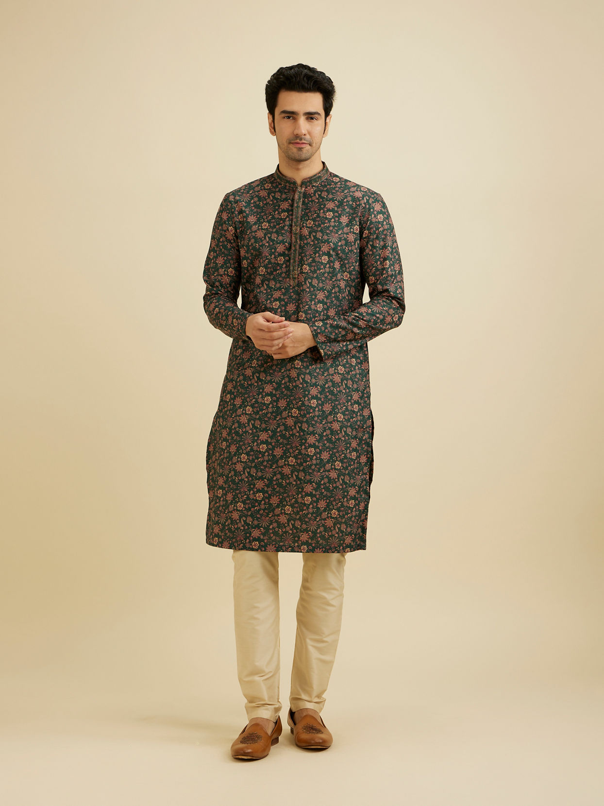 Manyavar Men Elegant Dark Green Kurta Pajama Set