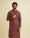 Manyavar Men Wine Red Bel Buti Printed Kurta Set image number 0