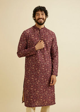 Manyavar Men Wine Red Bel Buti Printed Kurta Set image number 0