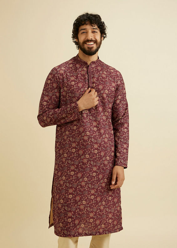 Manyavar Men Wine Red Bel Buti Printed Kurta Set