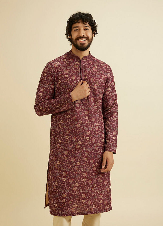 Manyavar Men Wine Red Bel Buti Printed Kurta Set image number 0