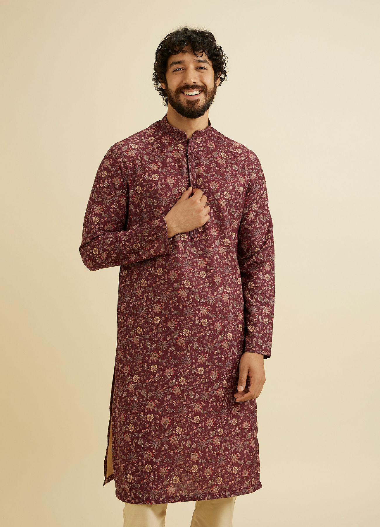 Manyavar Men Wine Red Bel Buti Printed Kurta Set