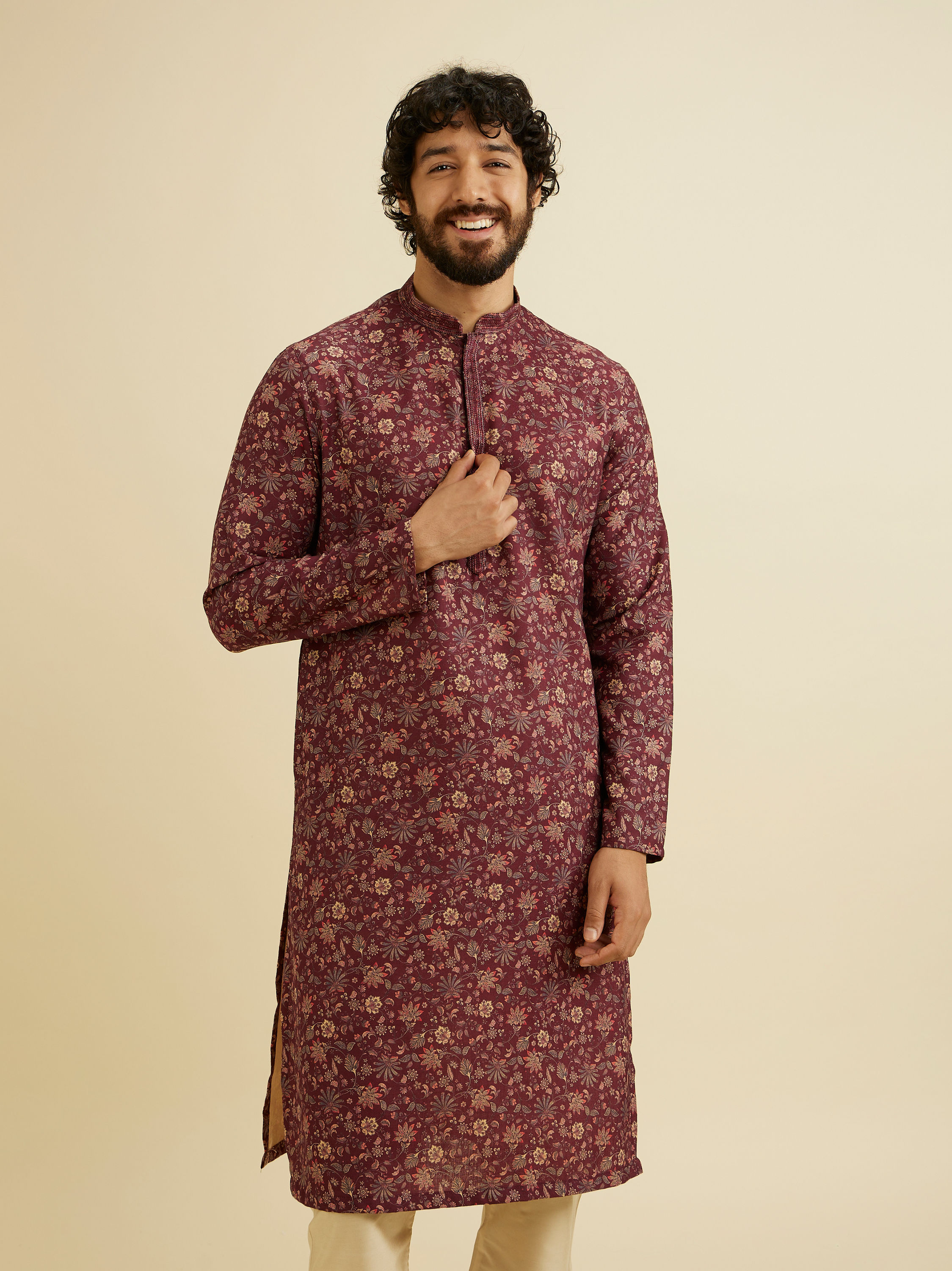 Manyavar Men Wine Red Bel Buti Printed Kurta Set