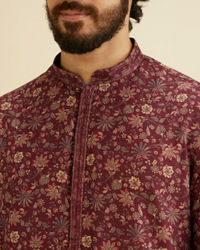 Manyavar Men Wine Red Bel Buti Printed Kurta Set