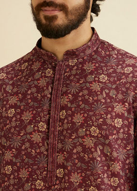 Manyavar Men Wine Red Bel Buti Printed Kurta Set image number 1