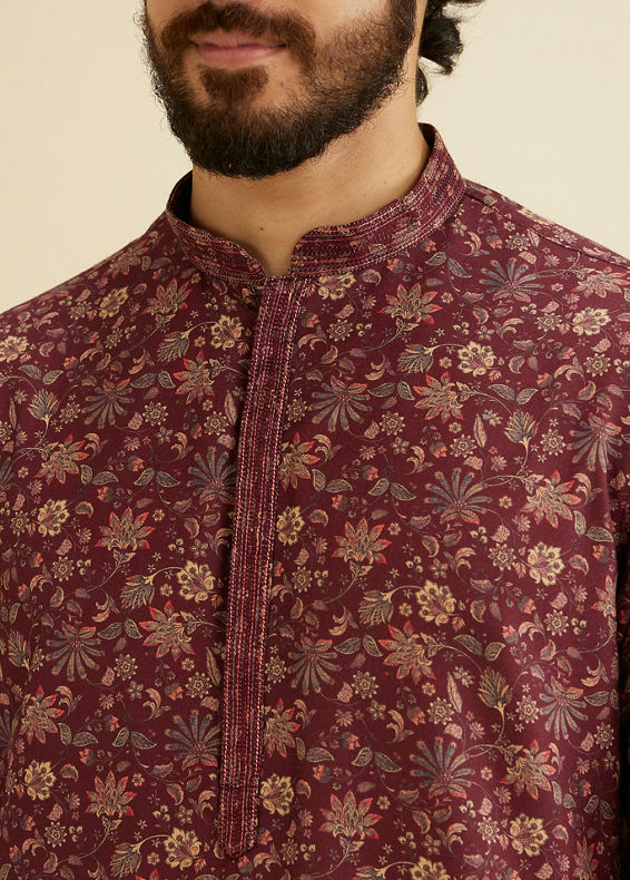 Manyavar Men Wine Red Bel Buti Printed Kurta Set