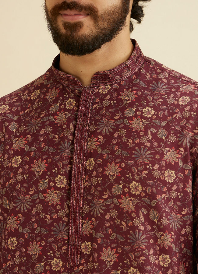 Manyavar Men Wine Red Bel Buti Printed Kurta Set image number 1