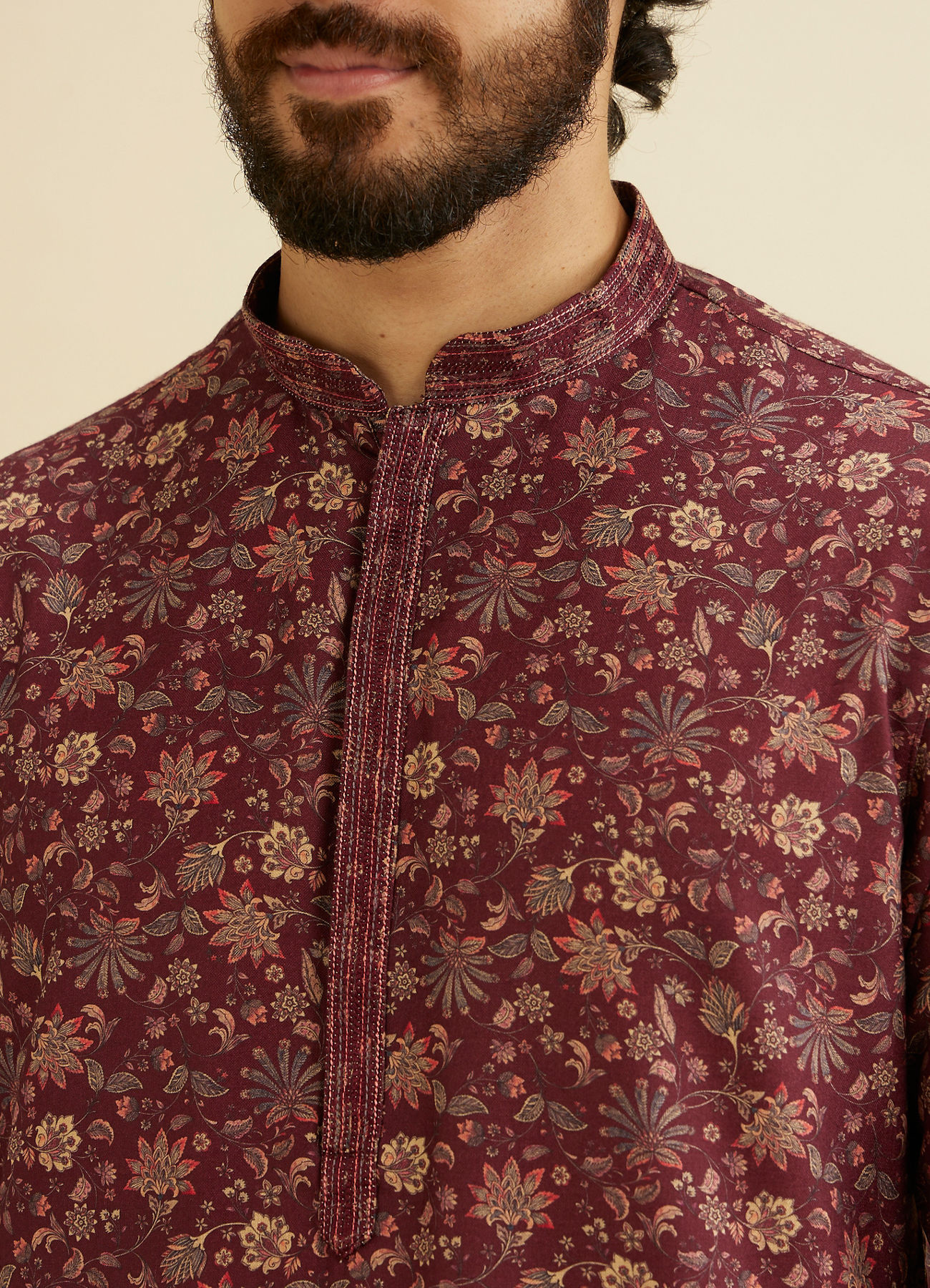 Manyavar Men Wine Red Bel Buti Printed Kurta Set