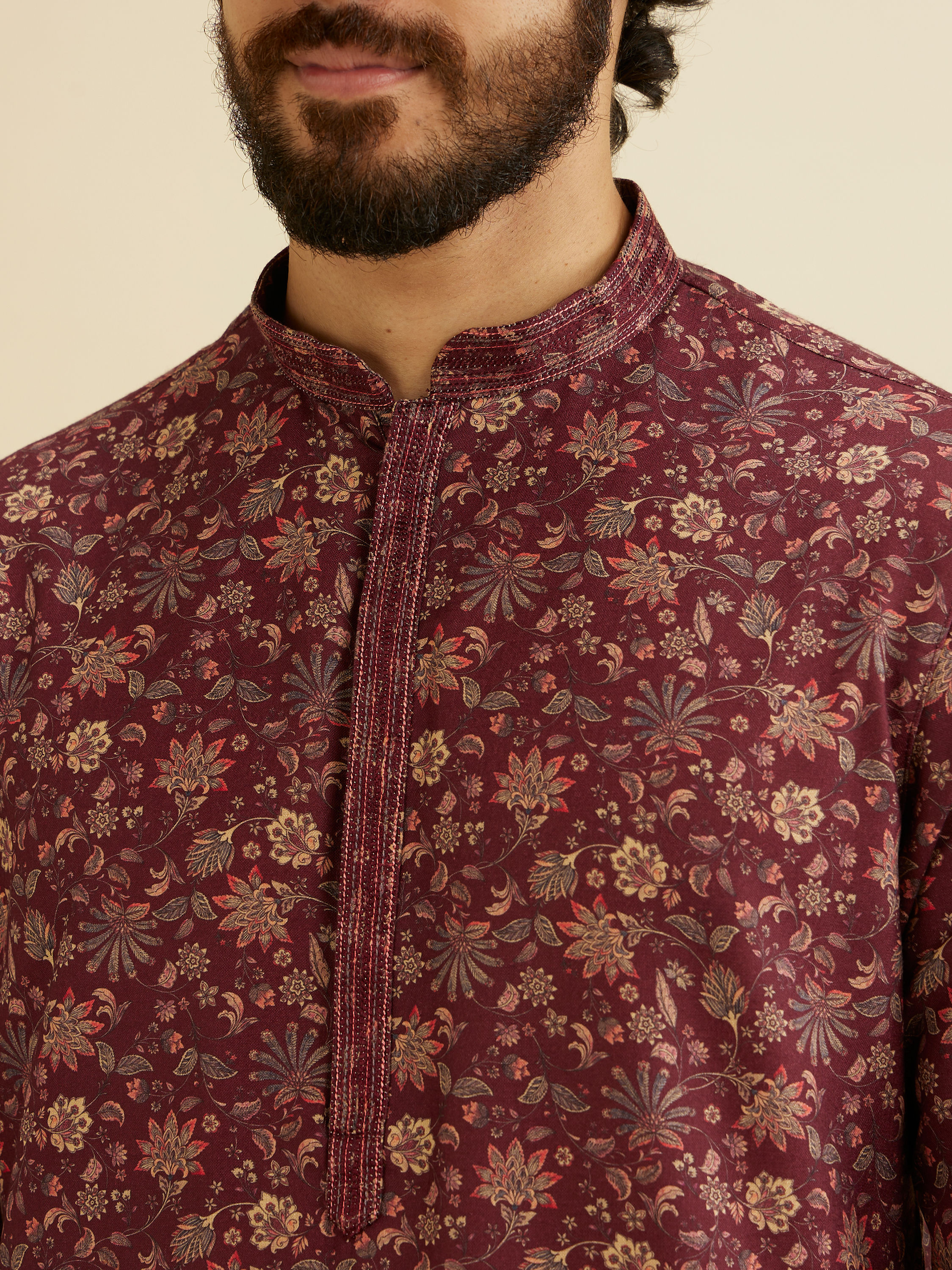 Manyavar Men Wine Red Bel Buti Printed Kurta Set