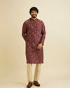 Manyavar Men Wine Red Bel Buti Printed Kurta Set image number 2